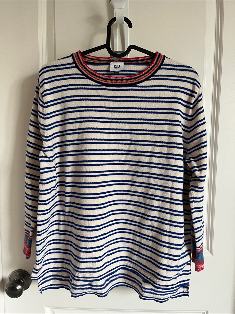 CAbi White and Blue Striped Long Sleeve Top with Contrast Trim